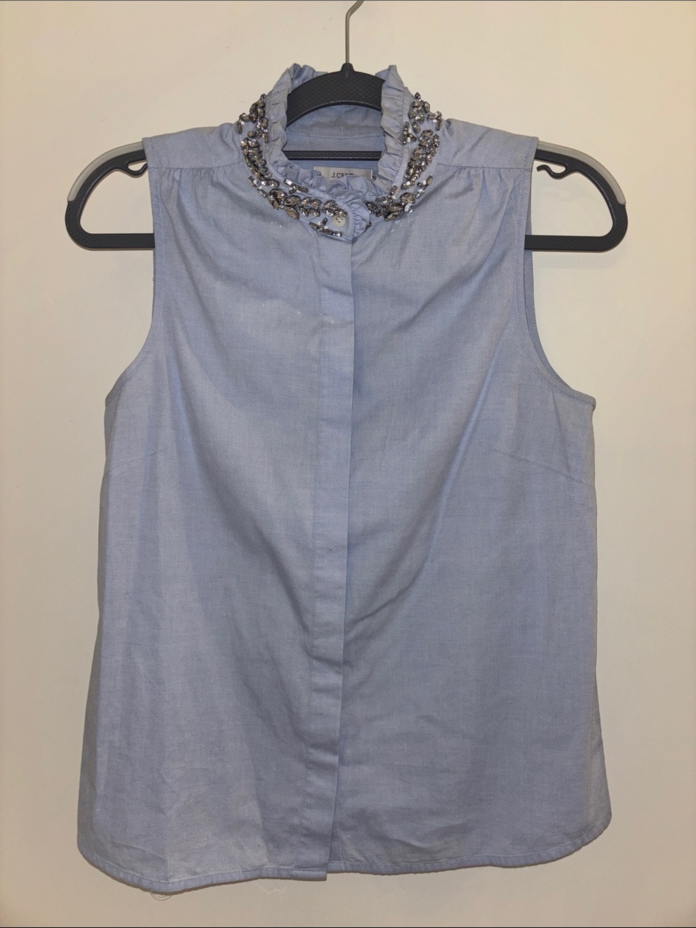 J. Crew Light Blue Sleeveless Top with Jeweled Ruffle Collar